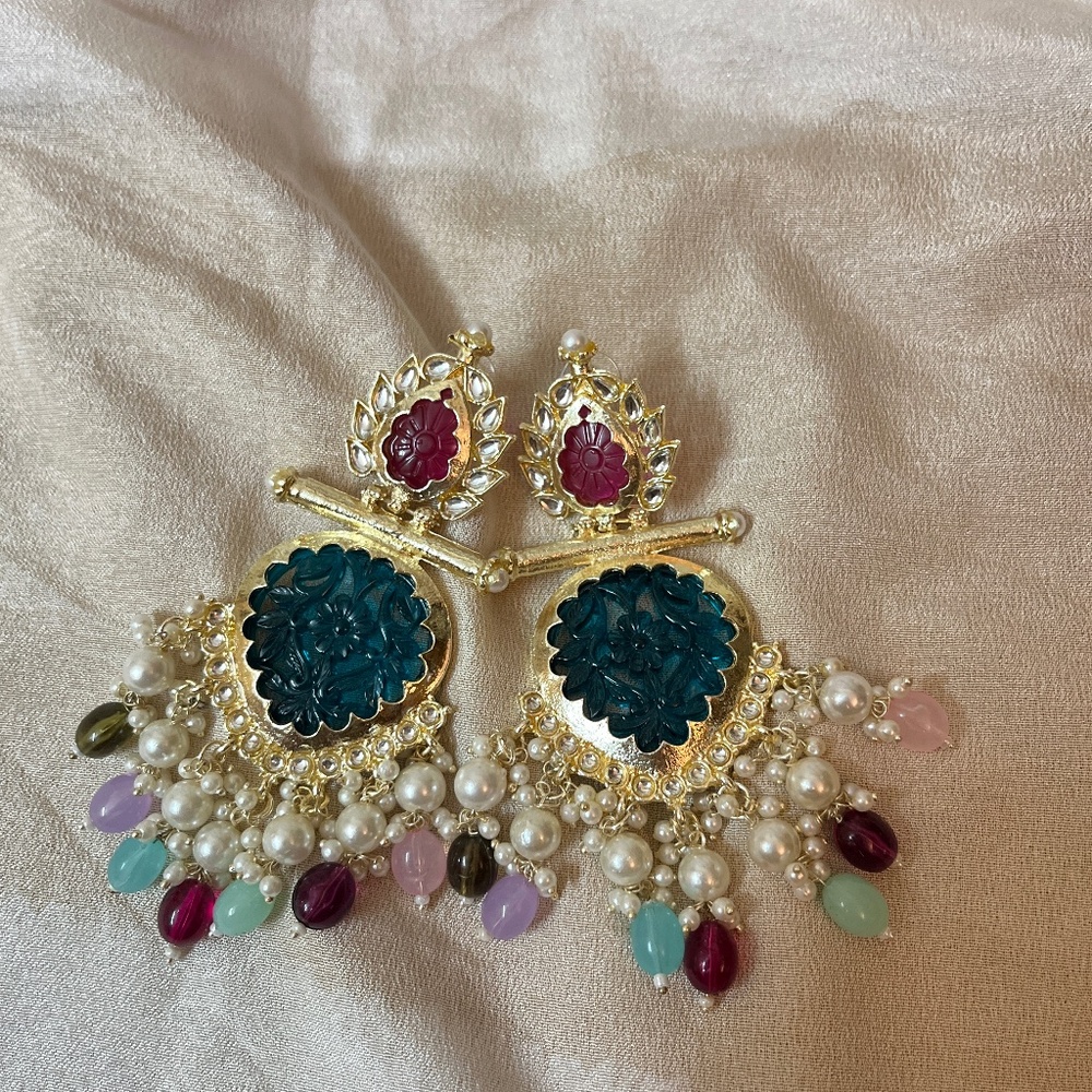 Gold-Plated Statement Earrings with Teal Floral Design and Pearl Details - India